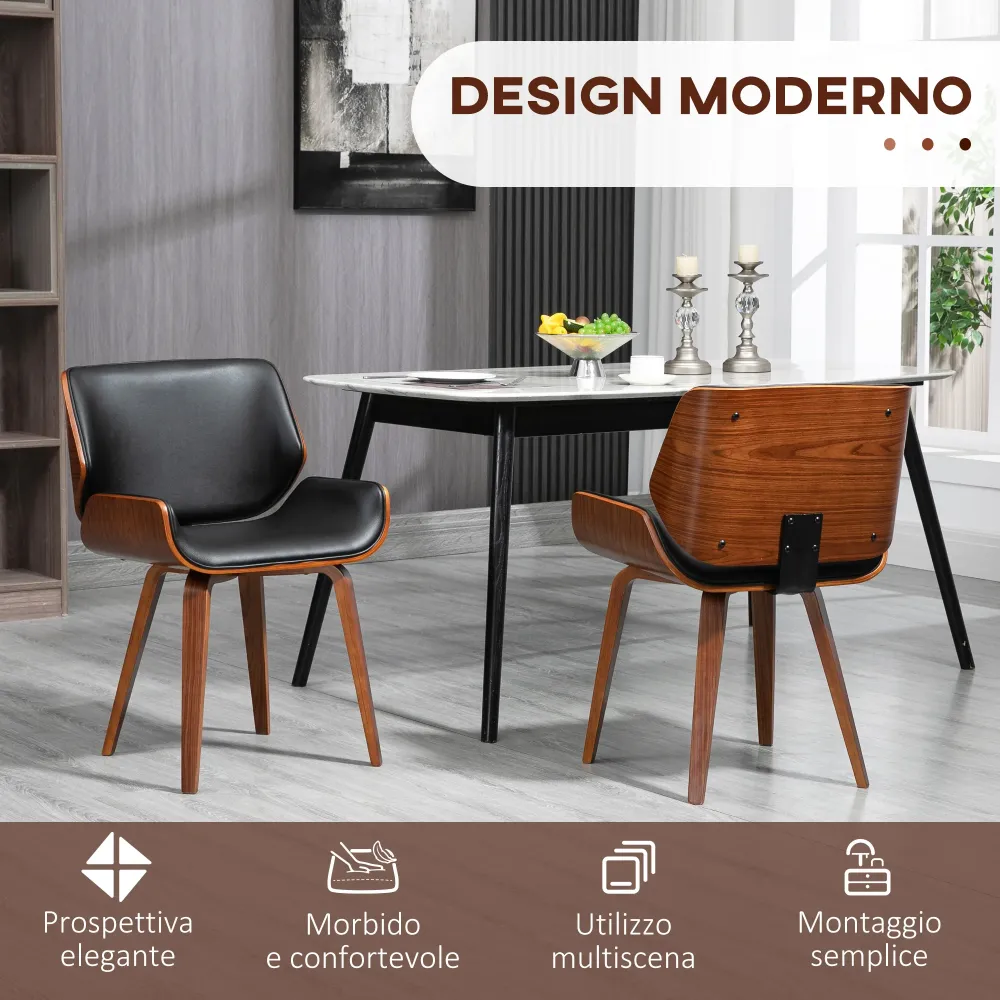 Set di 2 Sedie da Pranzo Stile Vintage Imbottite Legno e Finta Pelle PU Nero e Marrone