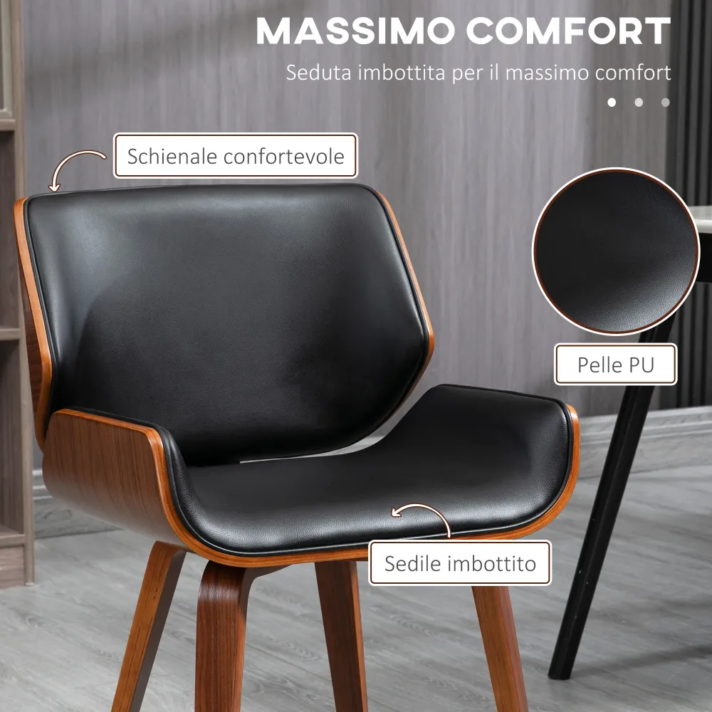 Set di 2 Sedie da Pranzo Stile Vintage Imbottite Legno e Finta Pelle PU Nero e Marrone