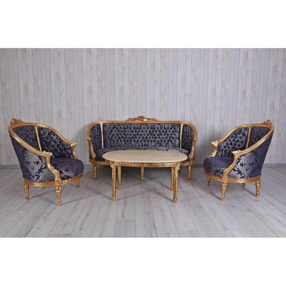 Set di sedute da 4 pezzi Divano barocco 2 poltrone Tavolino da caffè Tavolo marmo