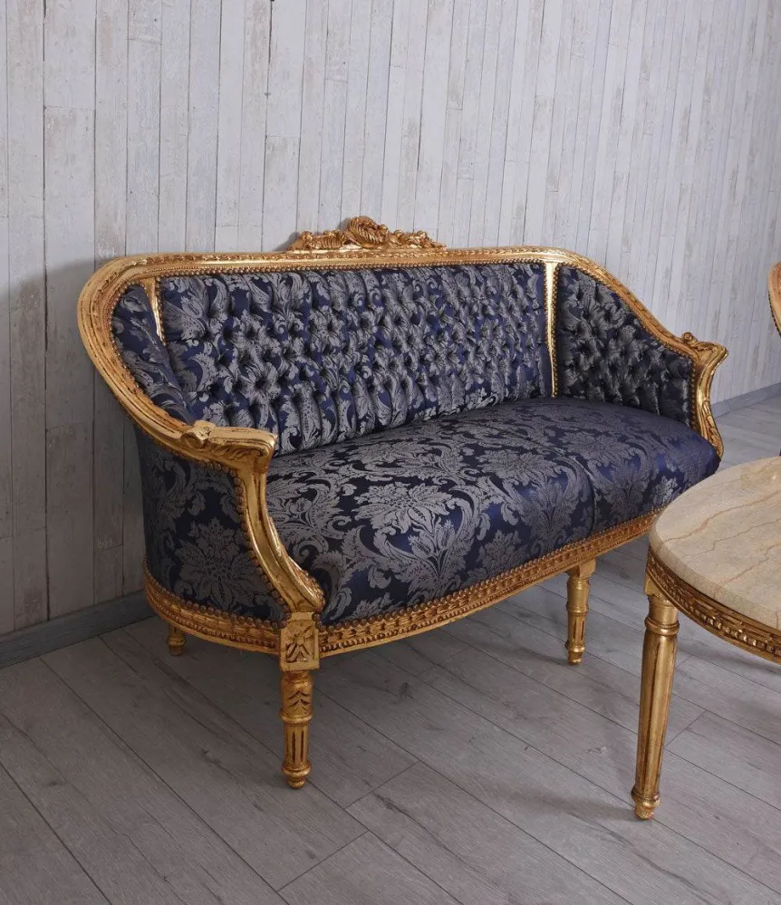 Set di sedute da 4 pezzi Divano barocco 2 poltrone Tavolino da caffè Tavolo marmo