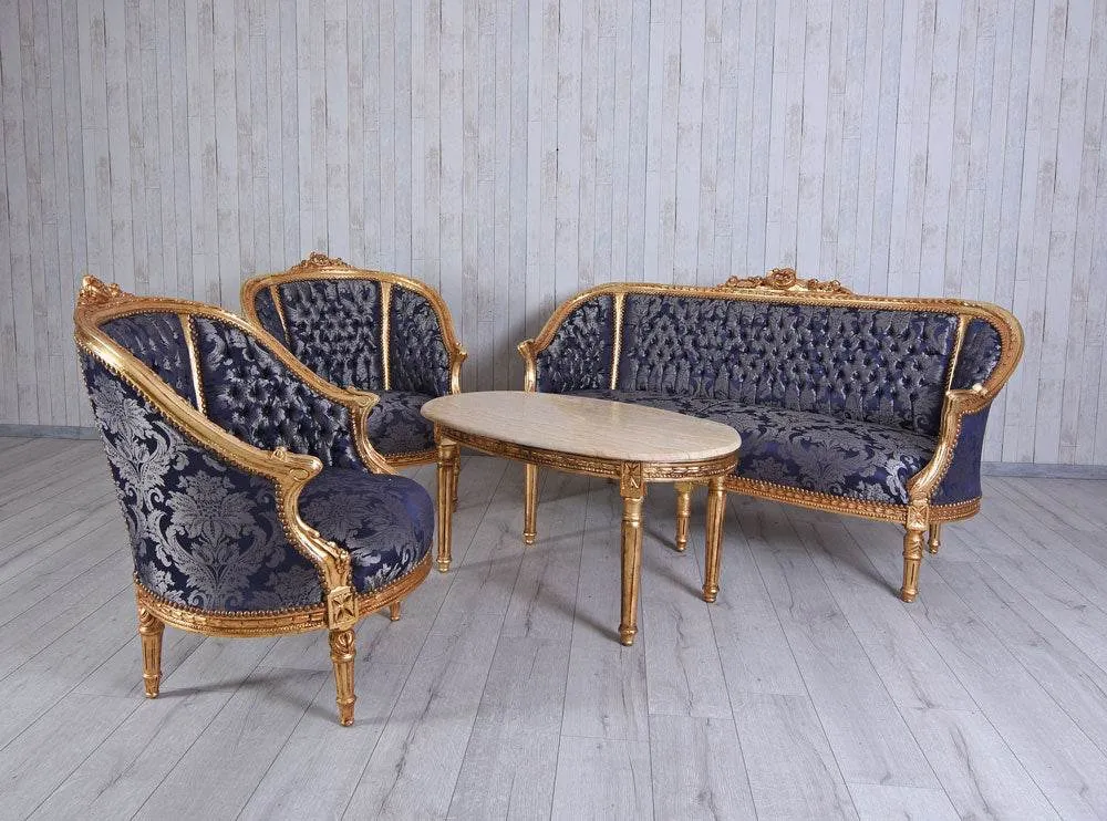 Set di sedute da 4 pezzi Divano barocco 2 poltrone Tavolino da caffè Tavolo marmo