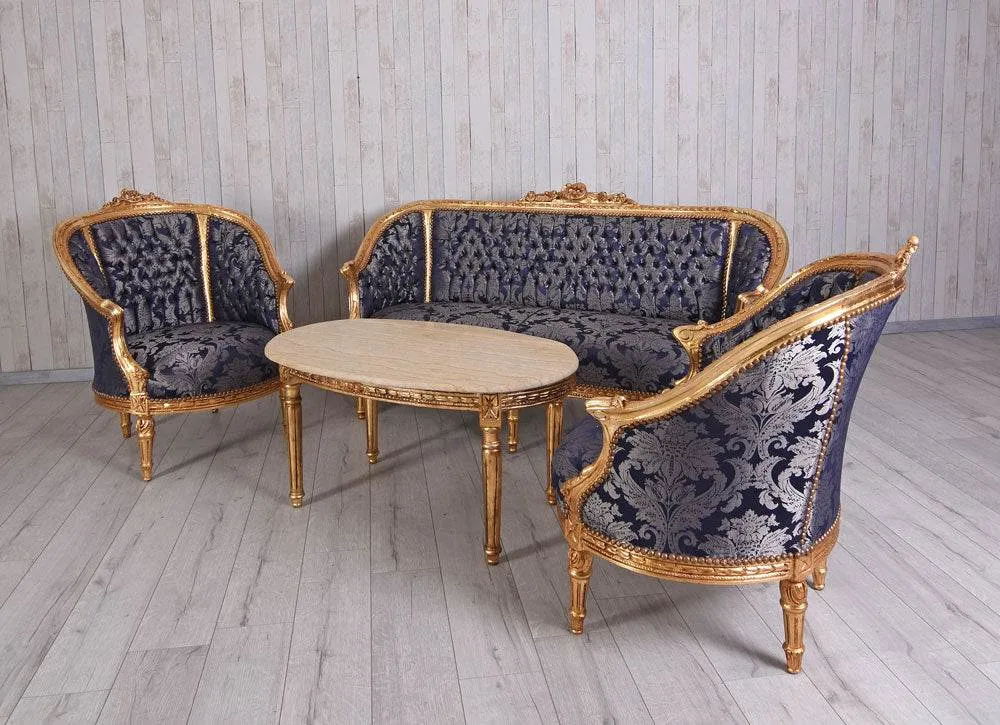 Set di sedute da 4 pezzi Divano barocco 2 poltrone Tavolino da caffè Tavolo marmo