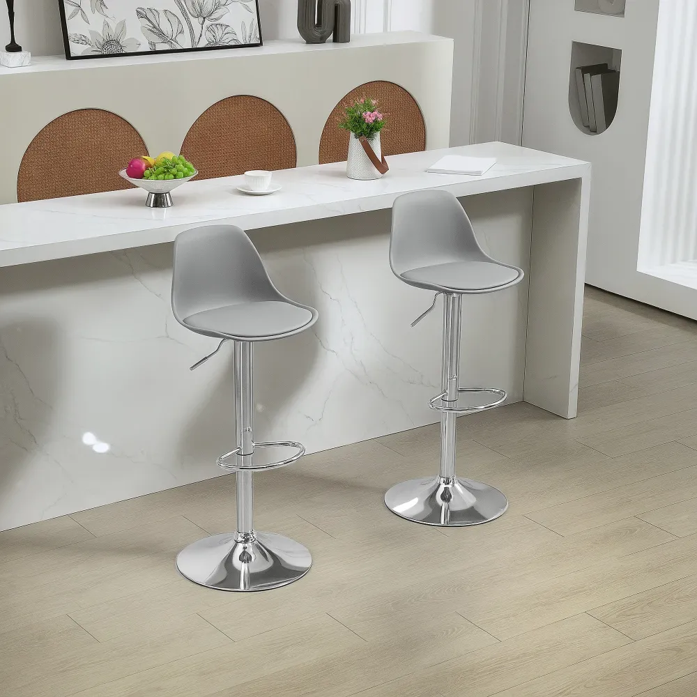 Set 2 Sgabelli da Bar 38x42x82-104 cm con Schienale e Poggiapiedi PP Pelle PU e Acciaio Grigio