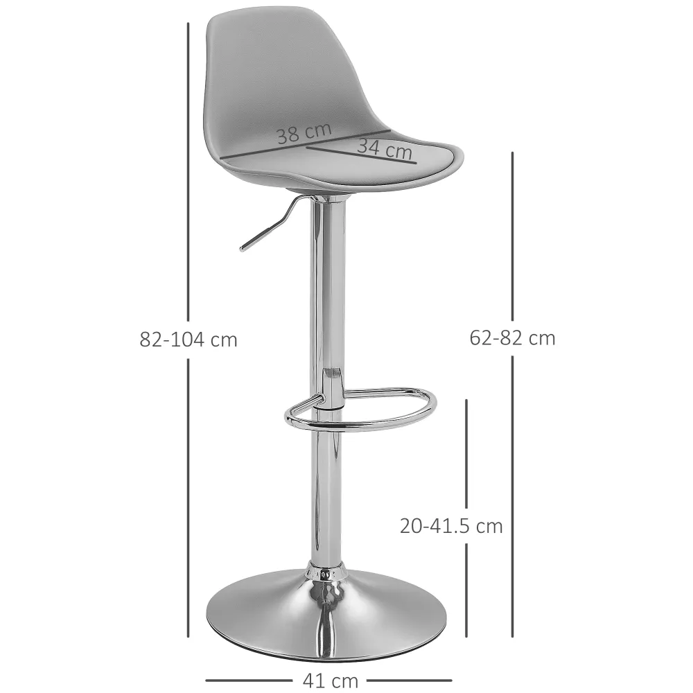 Set 2 Sgabelli da Bar 38x42x82-104 cm con Schienale e Poggiapiedi PP Pelle PU e Acciaio Grigio
