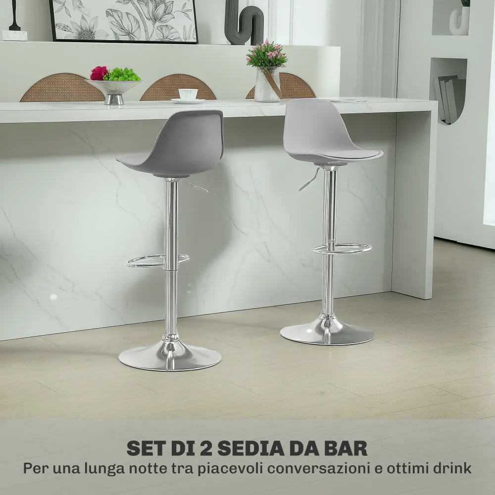 Set 2 Sgabelli da Bar 38x42x82-104 cm con Schienale e Poggiapiedi PP Pelle PU e Acciaio Grigio