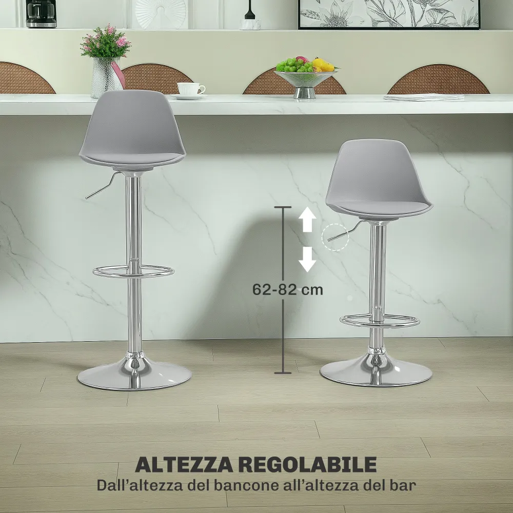 Set 2 Sgabelli da Bar 38x42x82-104 cm con Schienale e Poggiapiedi PP Pelle PU e Acciaio Grigio