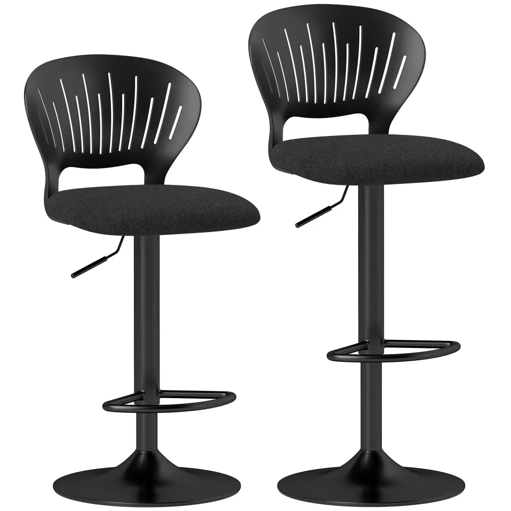 Set 2 Sgabelli da Bar 40,5x43x84-105 cm Tessuto Effetto Lino e Metallo con Poggiapiedi Nero
