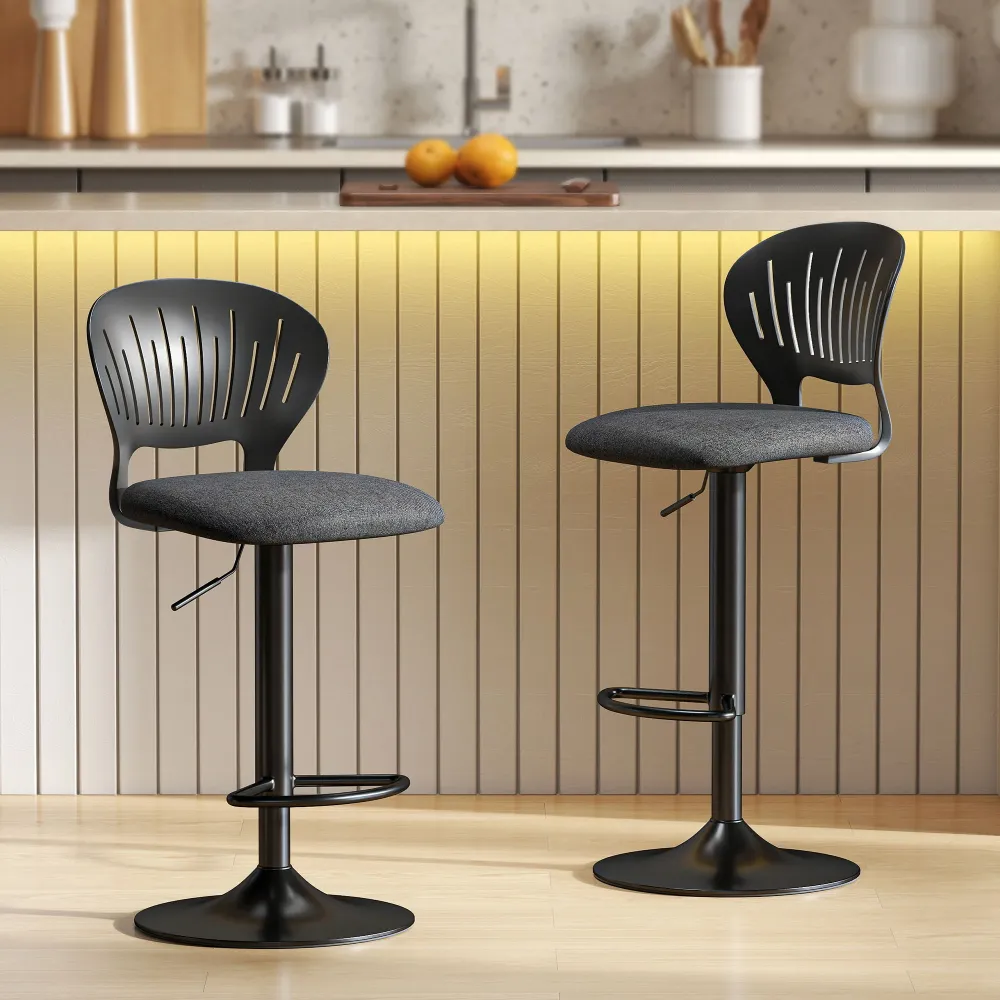 Set 2 Sgabelli da Bar 40,5x43x84-105 cm Tessuto Effetto Lino e Metallo con Poggiapiedi Nero