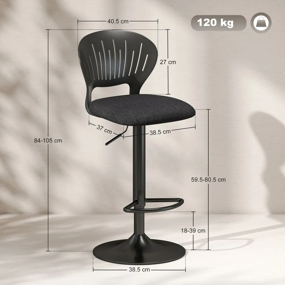 Set 2 Sgabelli da Bar 40,5x43x84-105 cm Tessuto Effetto Lino e Metallo con Poggiapiedi Nero