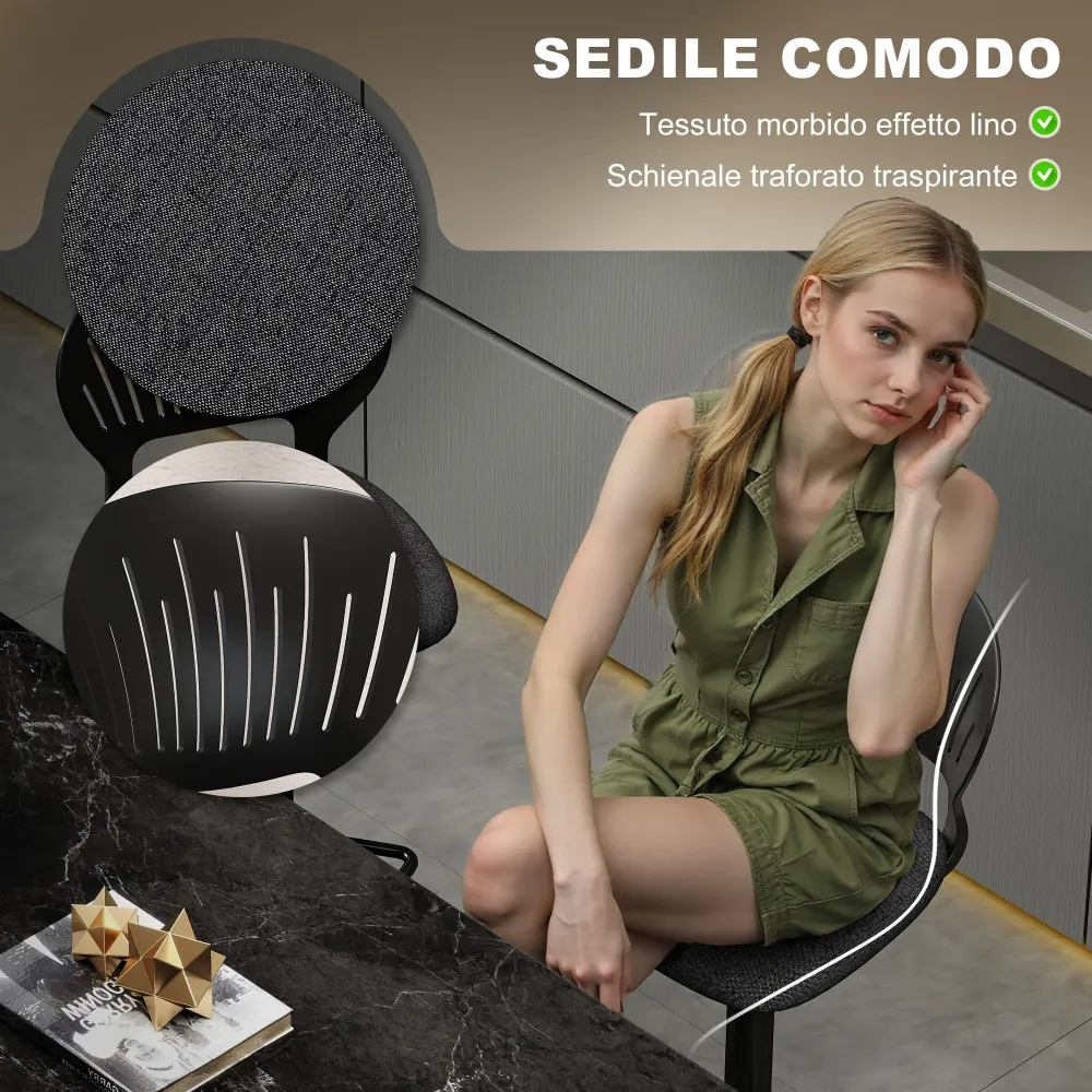 Set 2 Sgabelli da Bar 40,5x43x84-105 cm Tessuto Effetto Lino e Metallo con Poggiapiedi Nero