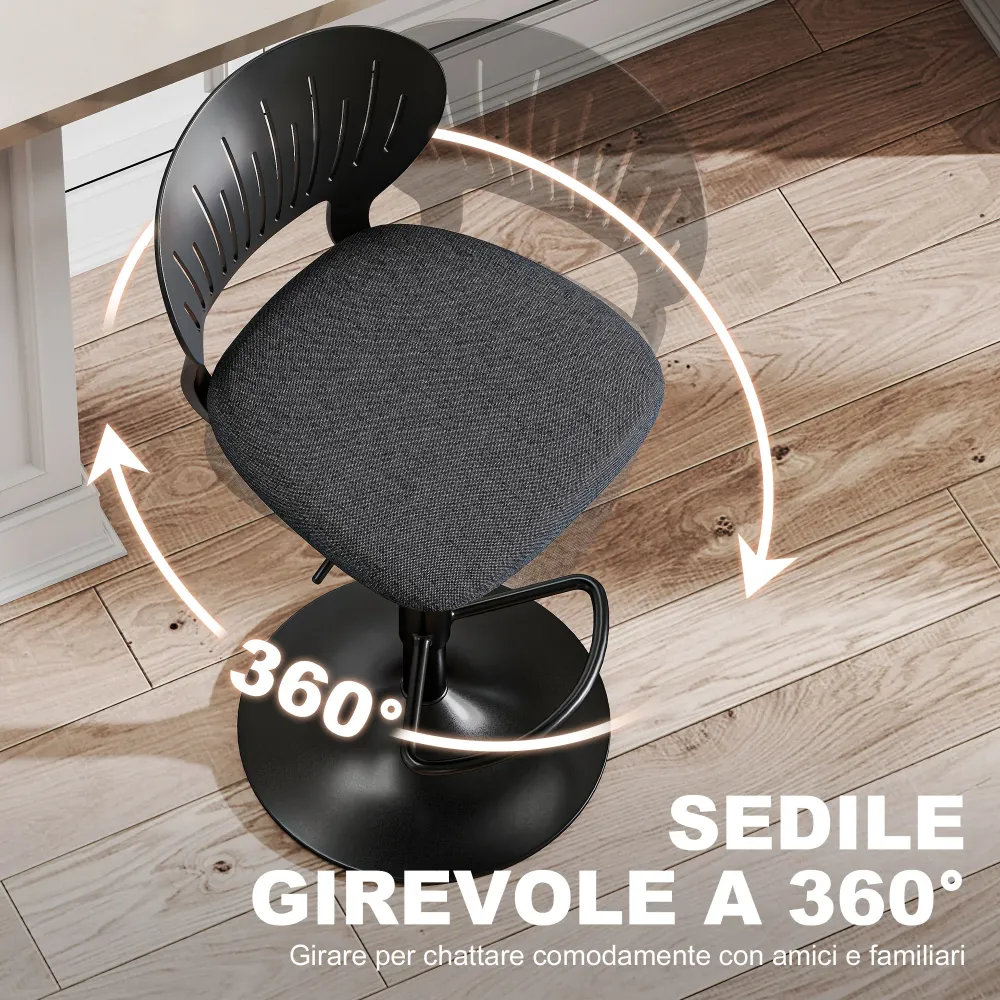 Set 2 Sgabelli da Bar 40,5x43x84-105 cm Tessuto Effetto Lino e Metallo con Poggiapiedi Nero