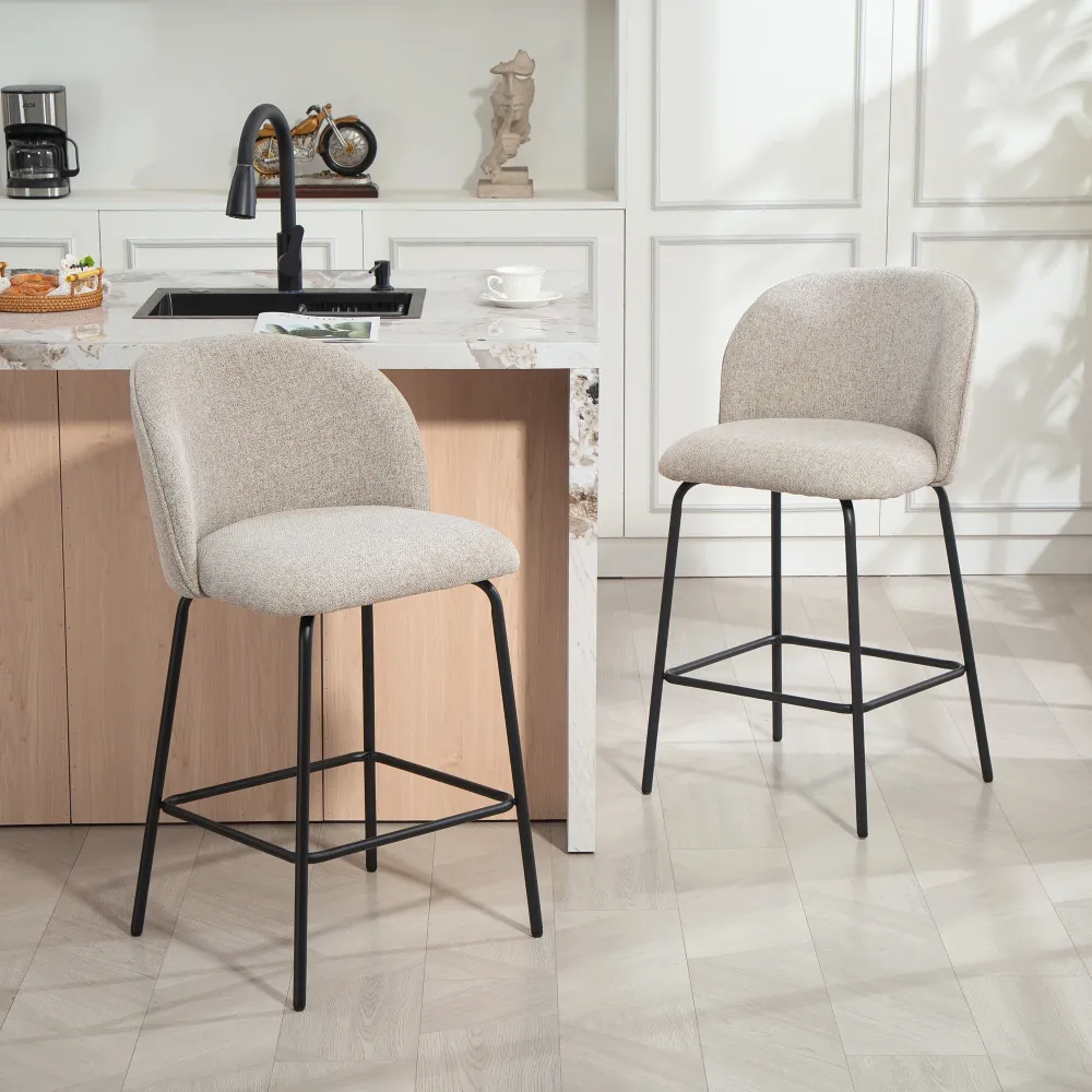 Set 2 Sgabelli da Bar 50x55x93 cm con Schienale e Poggiapiedi Rivestimento Tessuto e Gambe Acciaio Grigio