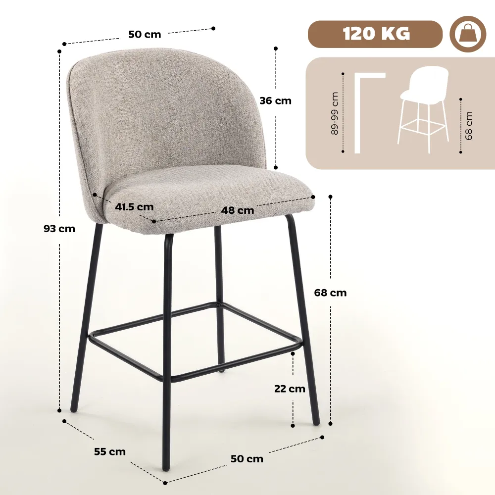 Set 2 Sgabelli da Bar 50x55x93 cm con Schienale e Poggiapiedi Rivestimento Tessuto e Gambe Acciaio Grigio
