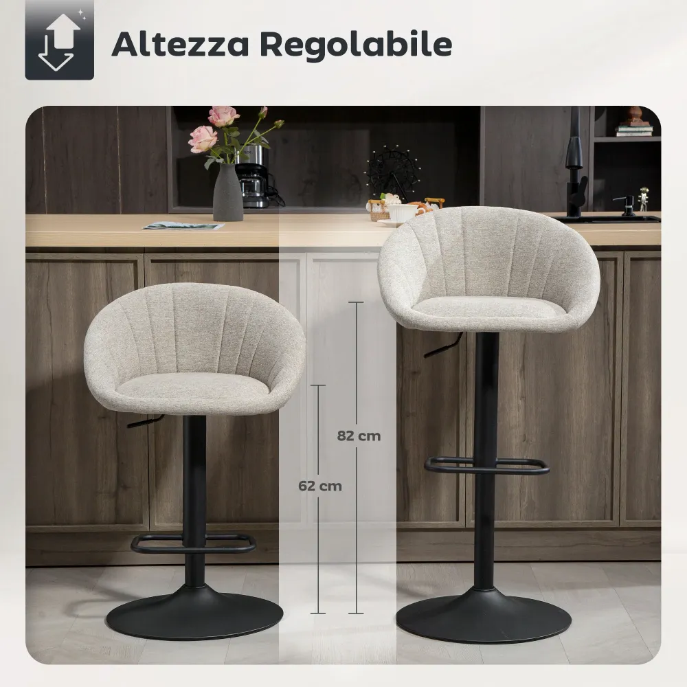 Set 2 Sgabelli da Bar 53,5x46x103 cm con Altezza Regolabile e Seduta Girevole Tessuto Beige