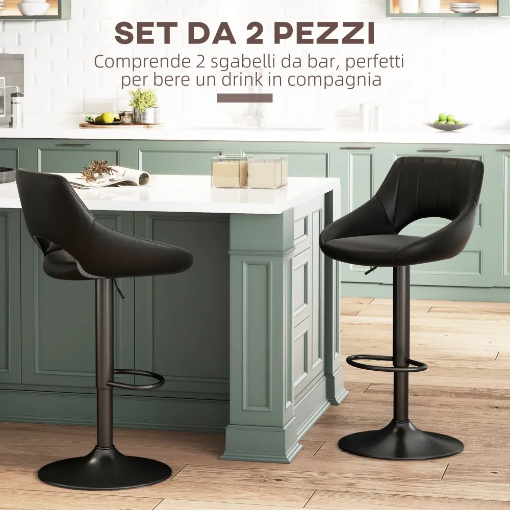 Set da 2 Sgabelli da Bar con Altezza Regolabile Poggiapiedi e Seduta Girevole Finta Pelle Nero