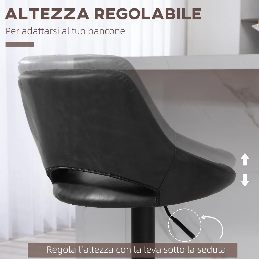 Set da 2 Sgabelli da Bar con Altezza Regolabile Poggiapiedi e Seduta Girevole Finta Pelle Nero