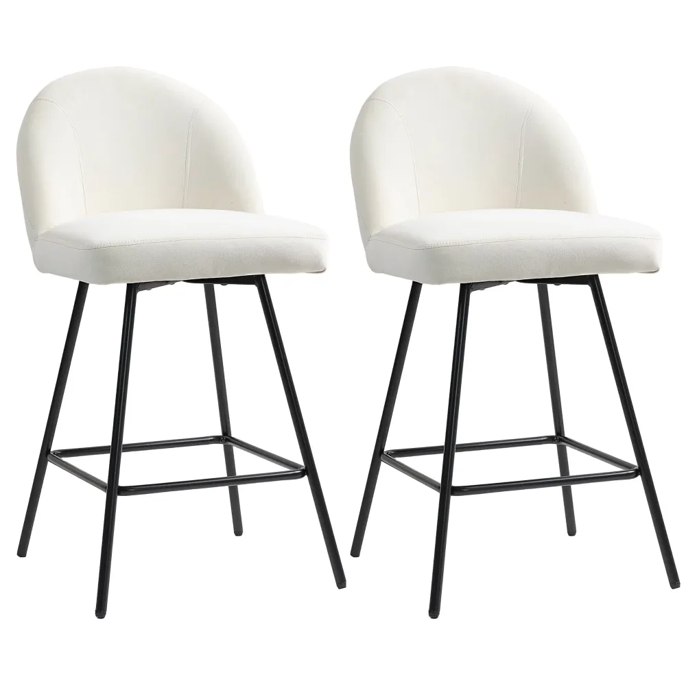 Set da 2 Sgabelli da Bar con Schienale 48,5x56x92 cm Velluto Bianco Crema
