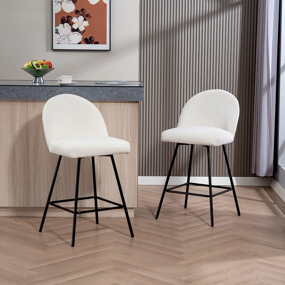 Set da 2 Sgabelli da Bar con Schienale 48,5x56x92 cm Velluto Bianco Crema