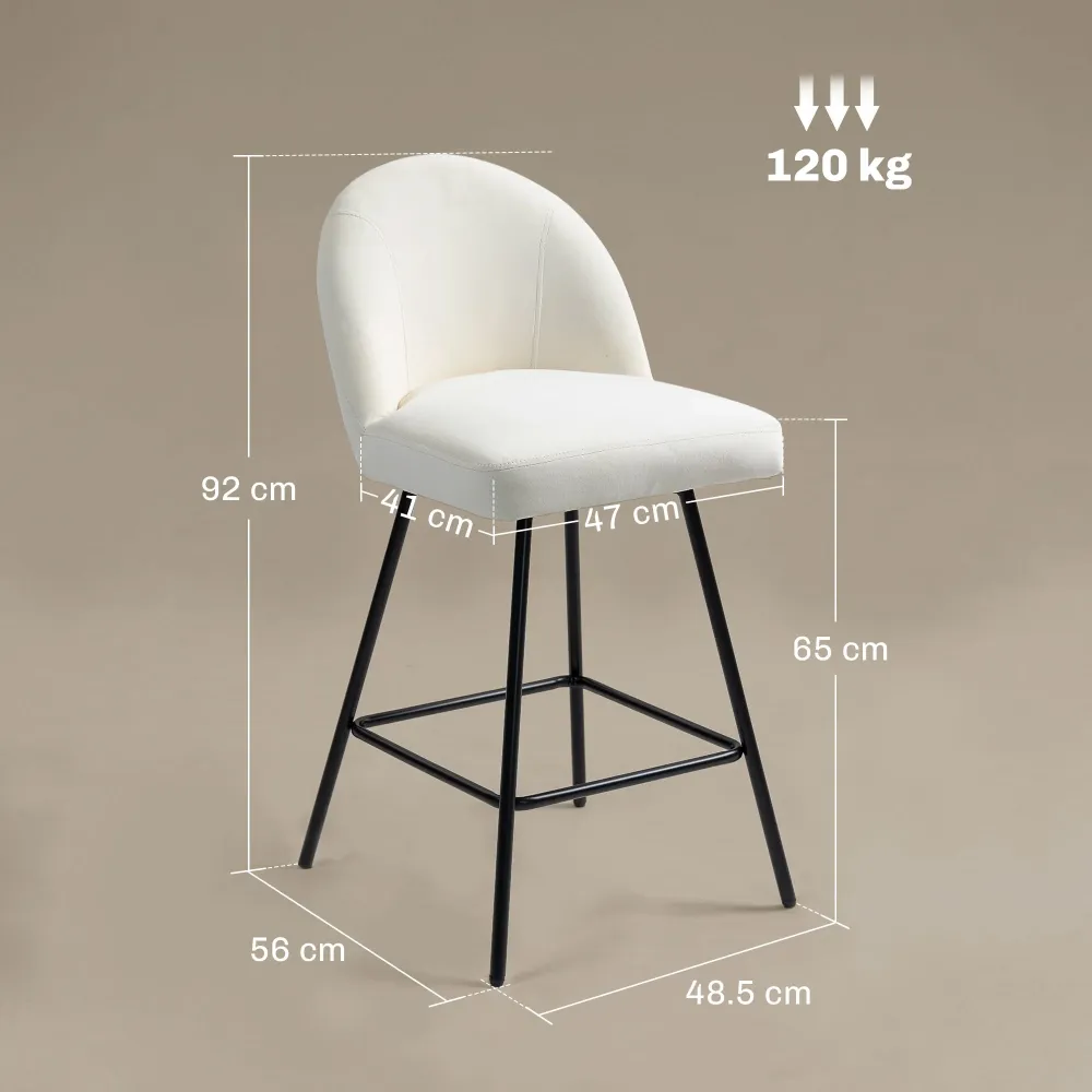 Set da 2 Sgabelli da Bar con Schienale 48,5x56x92 cm Velluto Bianco Crema