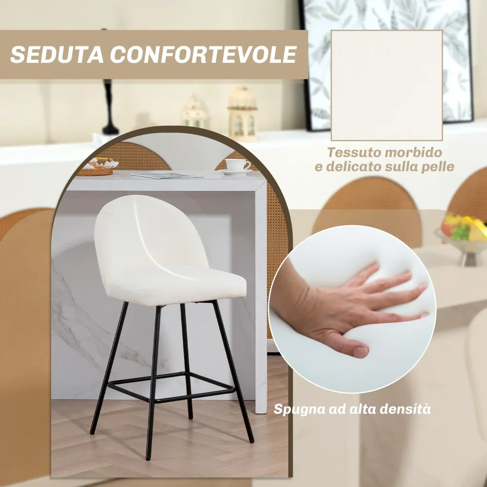 Set da 2 Sgabelli da Bar con Schienale 48,5x56x92 cm Velluto Bianco Crema