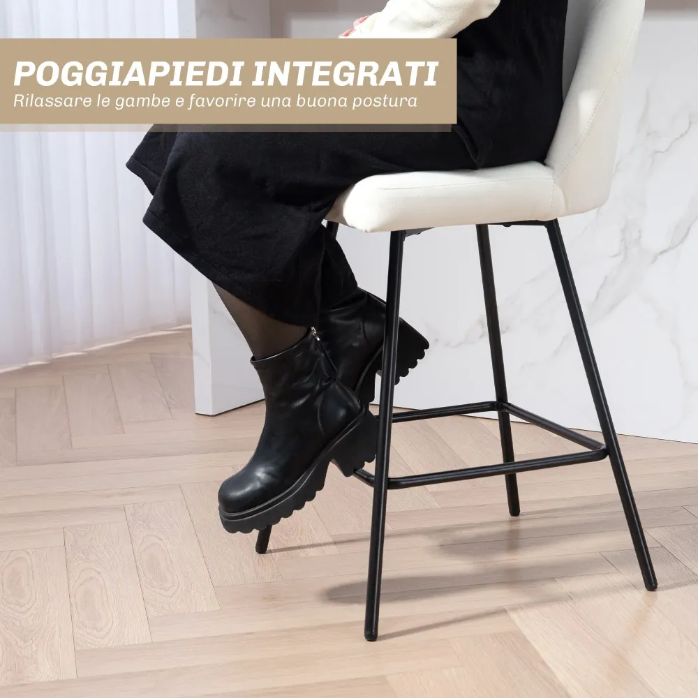 Set da 2 Sgabelli da Bar con Schienale 48,5x56x92 cm Velluto Bianco Crema