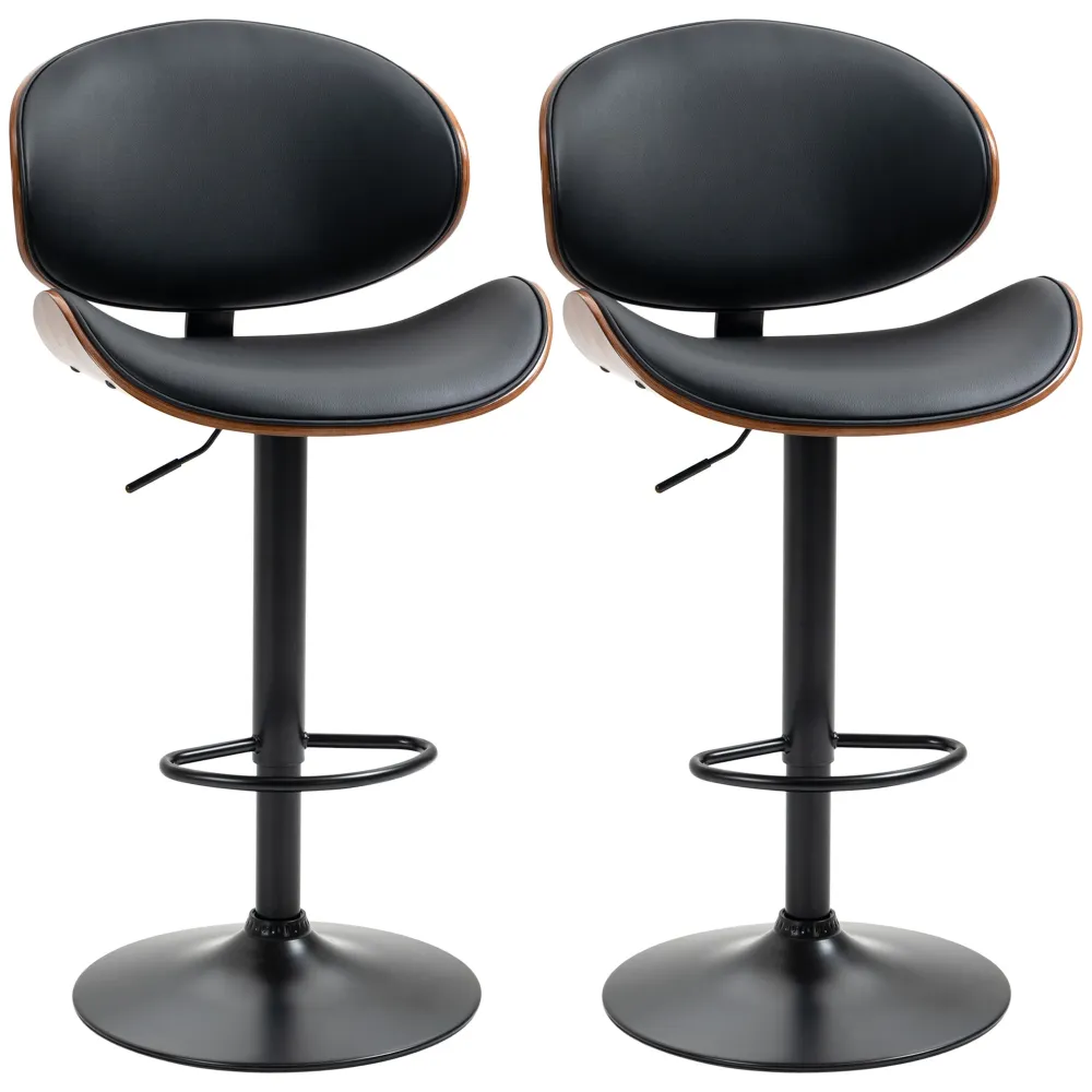 Set 2 Sgabelli da Bar con Schienale 53x52x92-112 cm Legno e Finta Pelle Nero