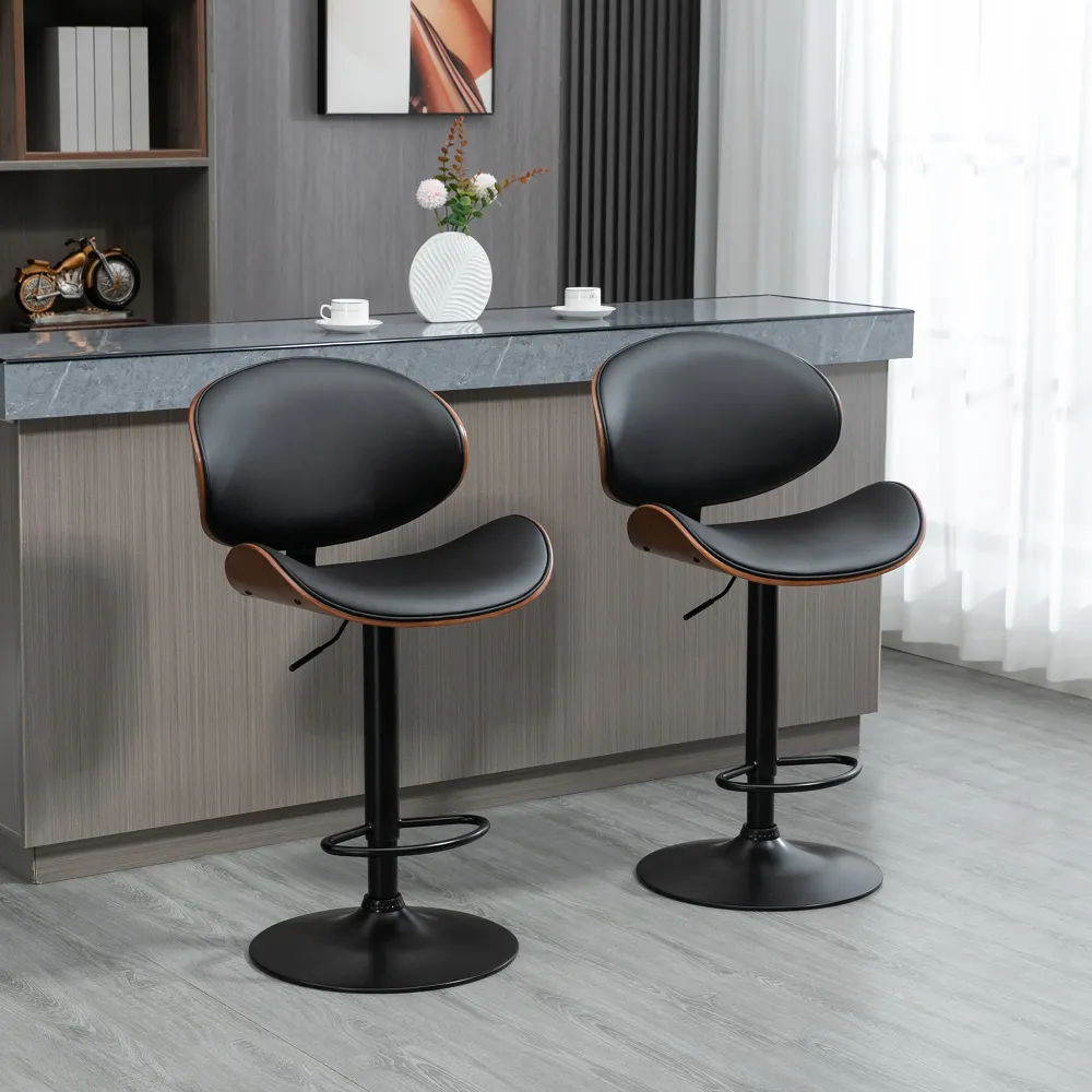 Set 2 Sgabelli da Bar con Schienale 53x52x92-112 cm Legno e Finta Pelle Nero
