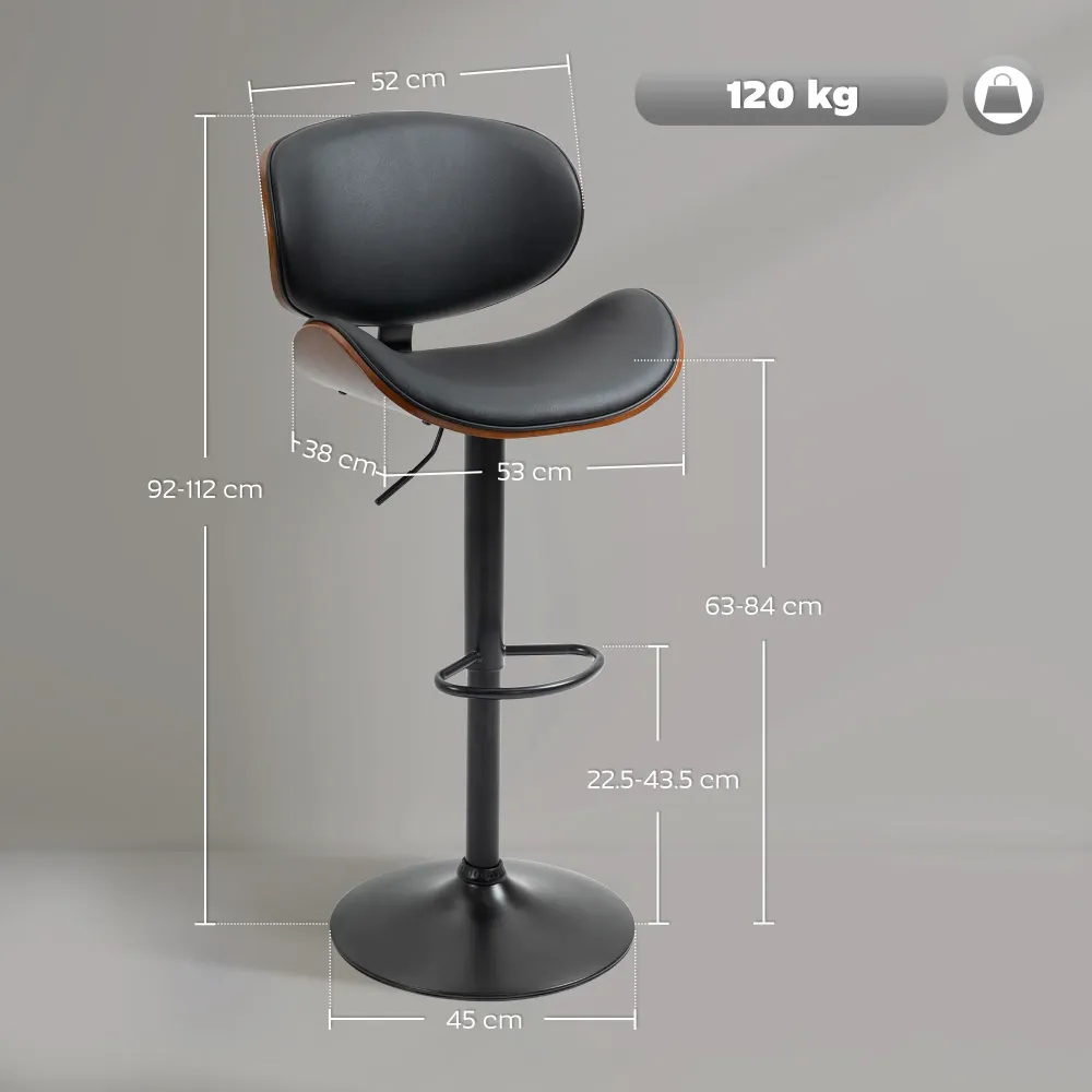 Set 2 Sgabelli da Bar con Schienale 53x52x92-112 cm Legno e Finta Pelle Nero