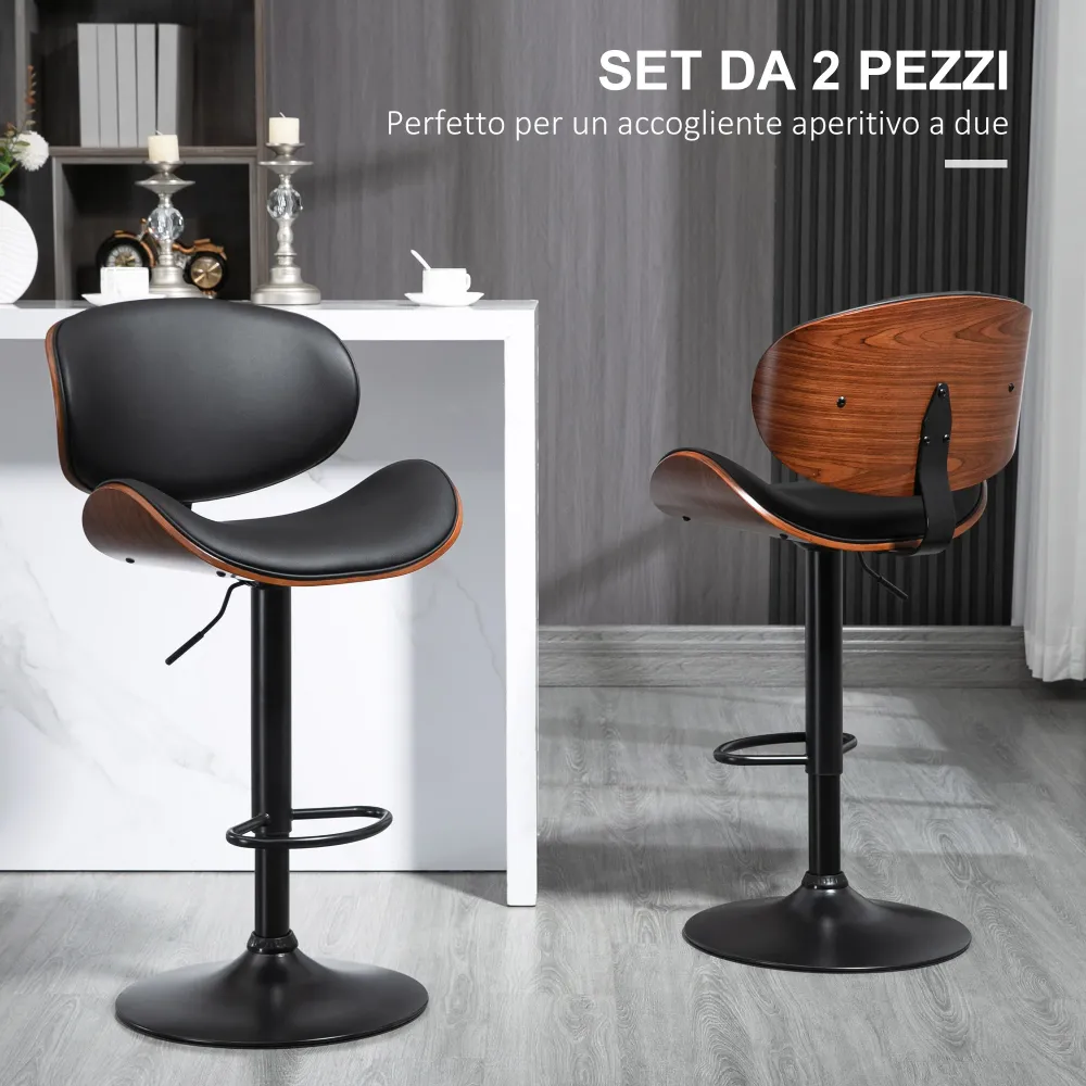 Set 2 Sgabelli da Bar con Schienale 53x52x92-112 cm Legno e Finta Pelle Nero