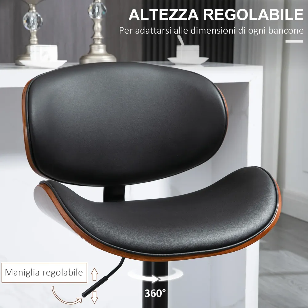 Set 2 Sgabelli da Bar con Schienale 53x52x92-112 cm Legno e Finta Pelle Nero