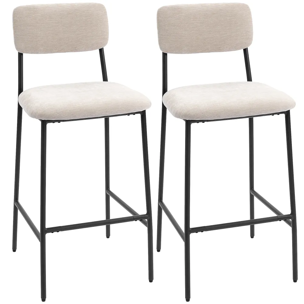 Set 2 Sgabelli da Bar con Schienale Alto Poggiapiedi e Rivestimento Ciniglia Crema