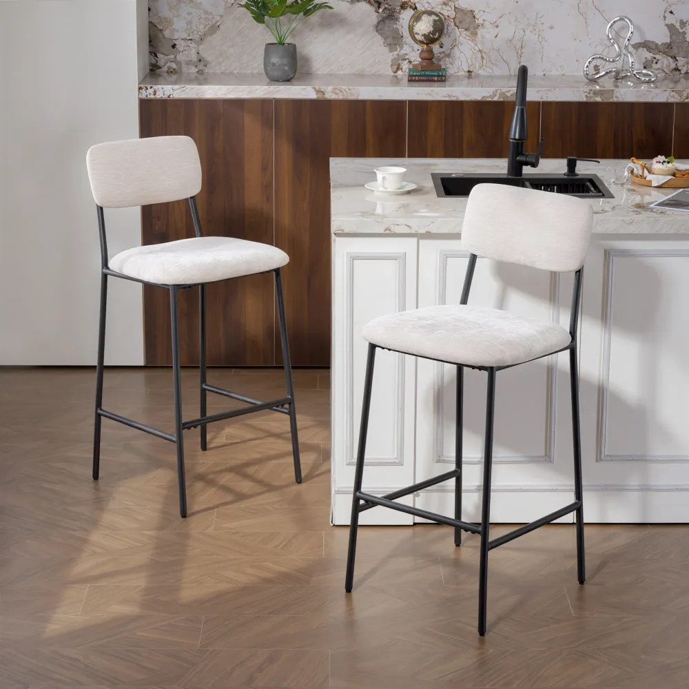 Set 2 Sgabelli da Bar con Schienale Alto Poggiapiedi e Rivestimento Ciniglia Crema