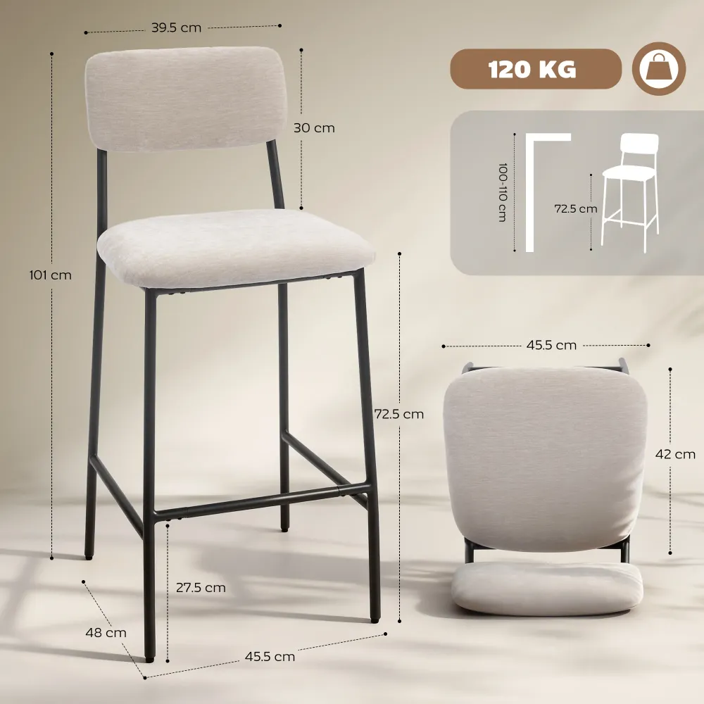 Set 2 Sgabelli da Bar con Schienale Alto Poggiapiedi e Rivestimento Ciniglia Crema