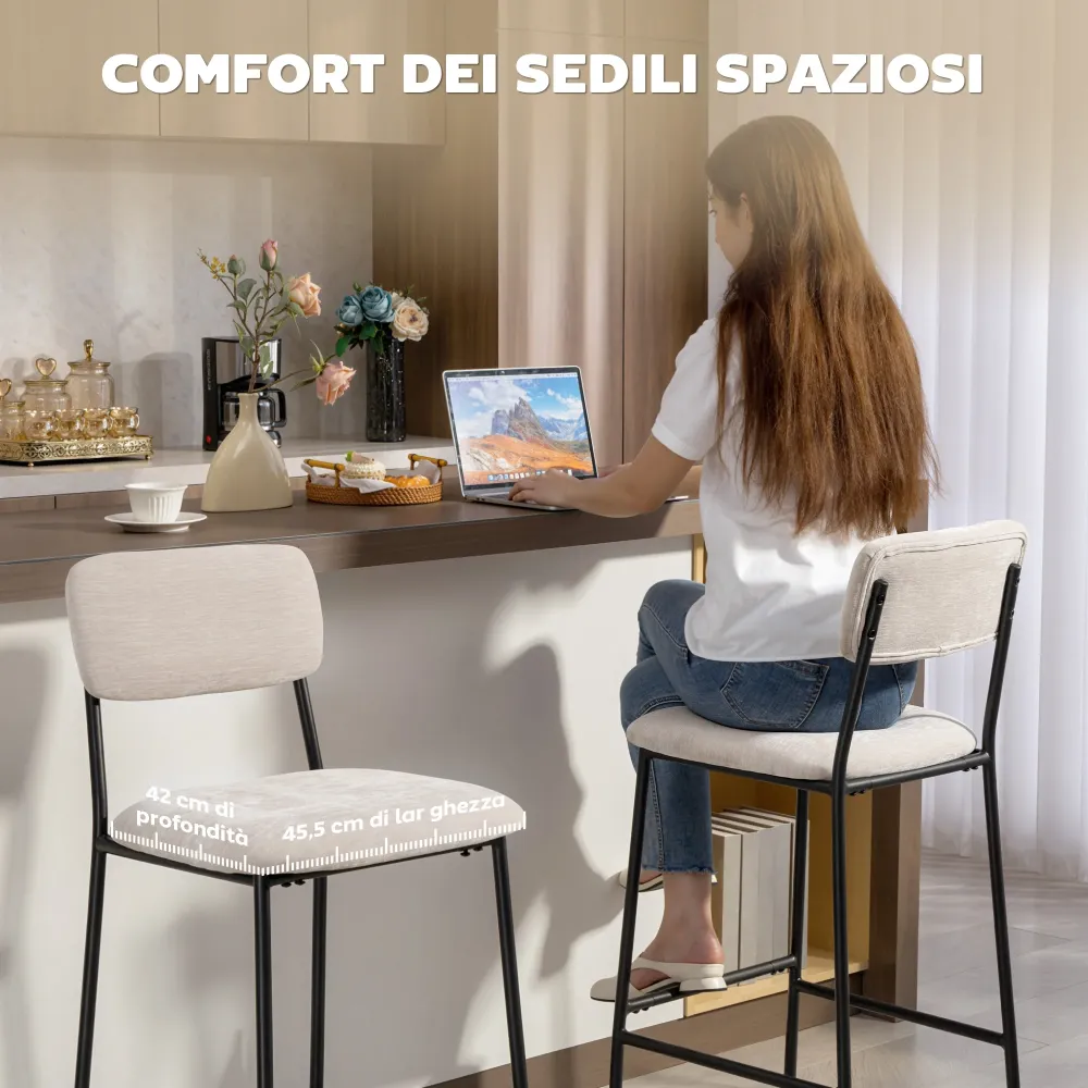 Set 2 Sgabelli da Bar con Schienale Alto Poggiapiedi e Rivestimento Ciniglia Crema