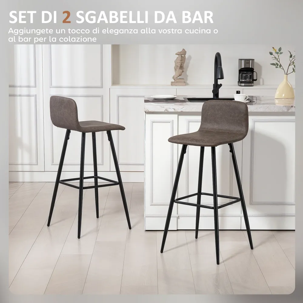 Set 2 Sgabelli da Bar con Schienale Basso e Poggiapiedi 44x44x95 cm PU Marrone Scuro