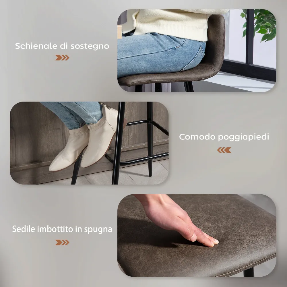 Set 2 Sgabelli da Bar con Schienale Basso e Poggiapiedi 44x44x95 cm PU Marrone Scuro