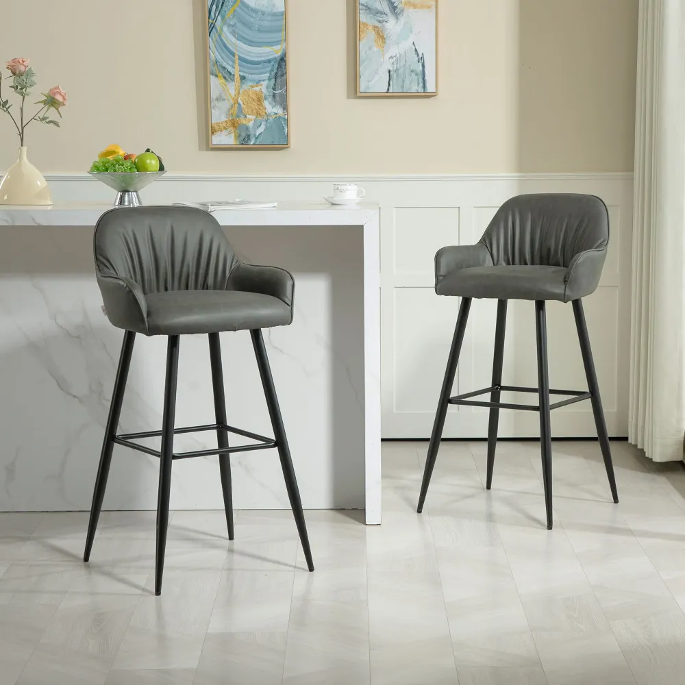 Set 2 Sgabelli da Bar con Schienale Finta Pelle PU Grigio