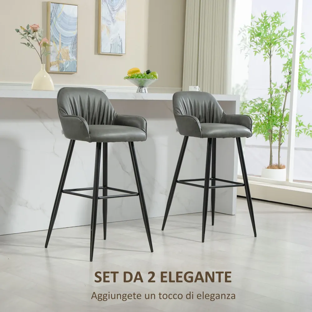 Set 2 Sgabelli da Bar con Schienale Finta Pelle PU Grigio