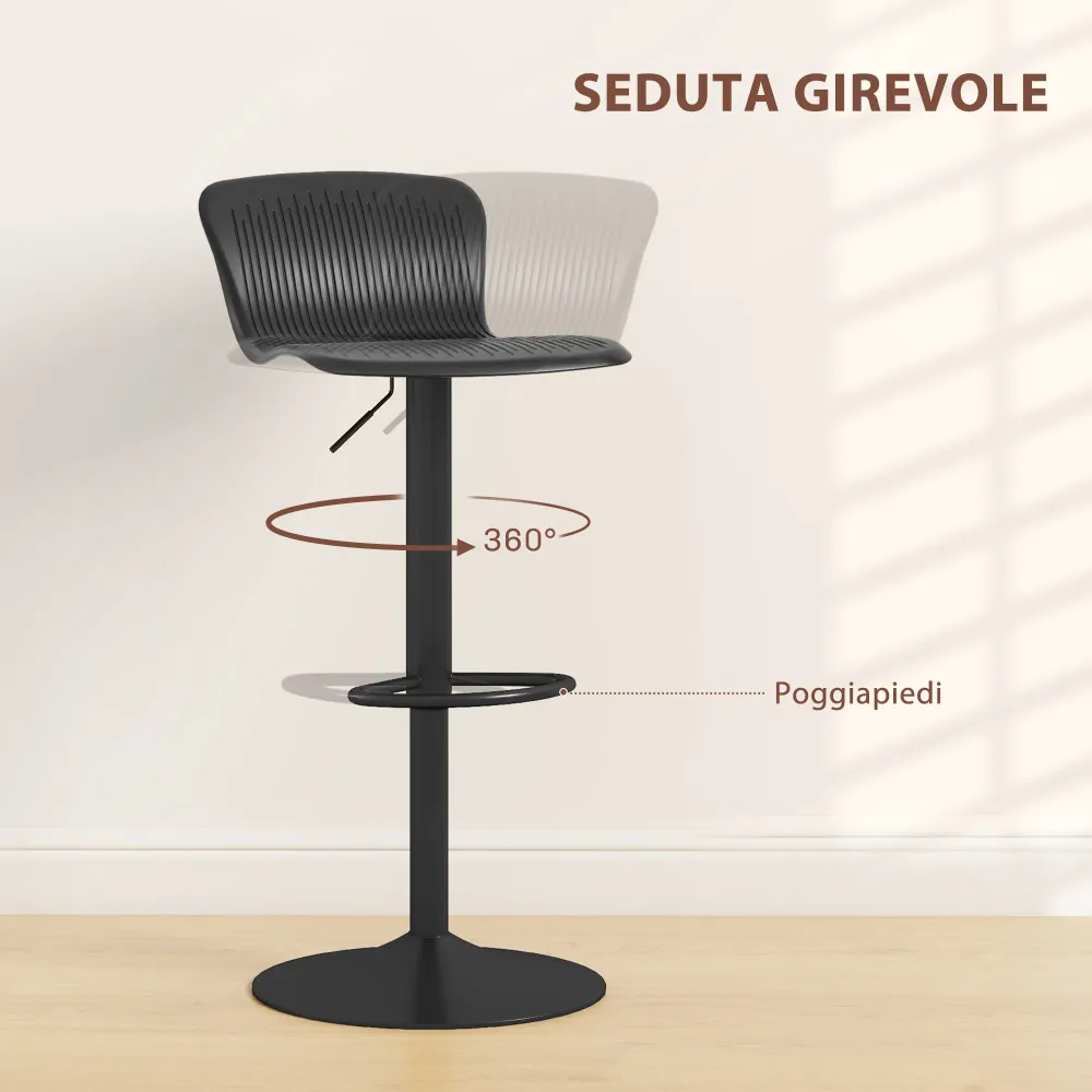 Set 2 Sgabelli da Bar con Schienale Girevoli e con Altezza Regolabile 76,5-97,5 cm Polipropilene Nero