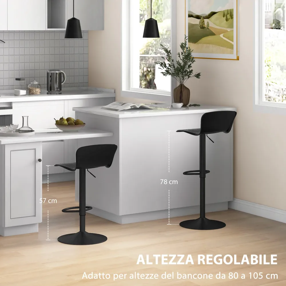 Set 2 Sgabelli da Bar con Schienale Girevoli e con Altezza Regolabile 76,5-97,5 cm Polipropilene Nero