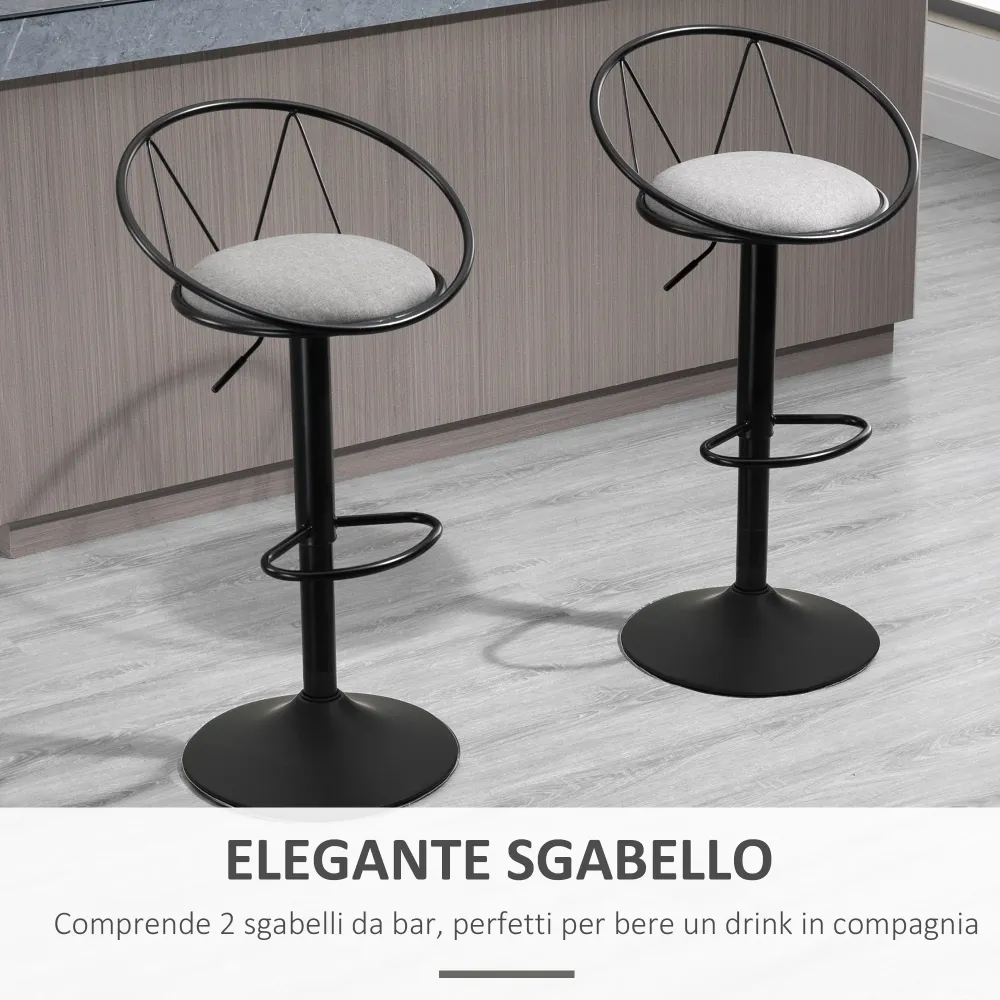 Set 2 Sgabelli Bar con Schienale e Poggiapiedi Altezza Regolabile e Seduta Imbottita Grigio