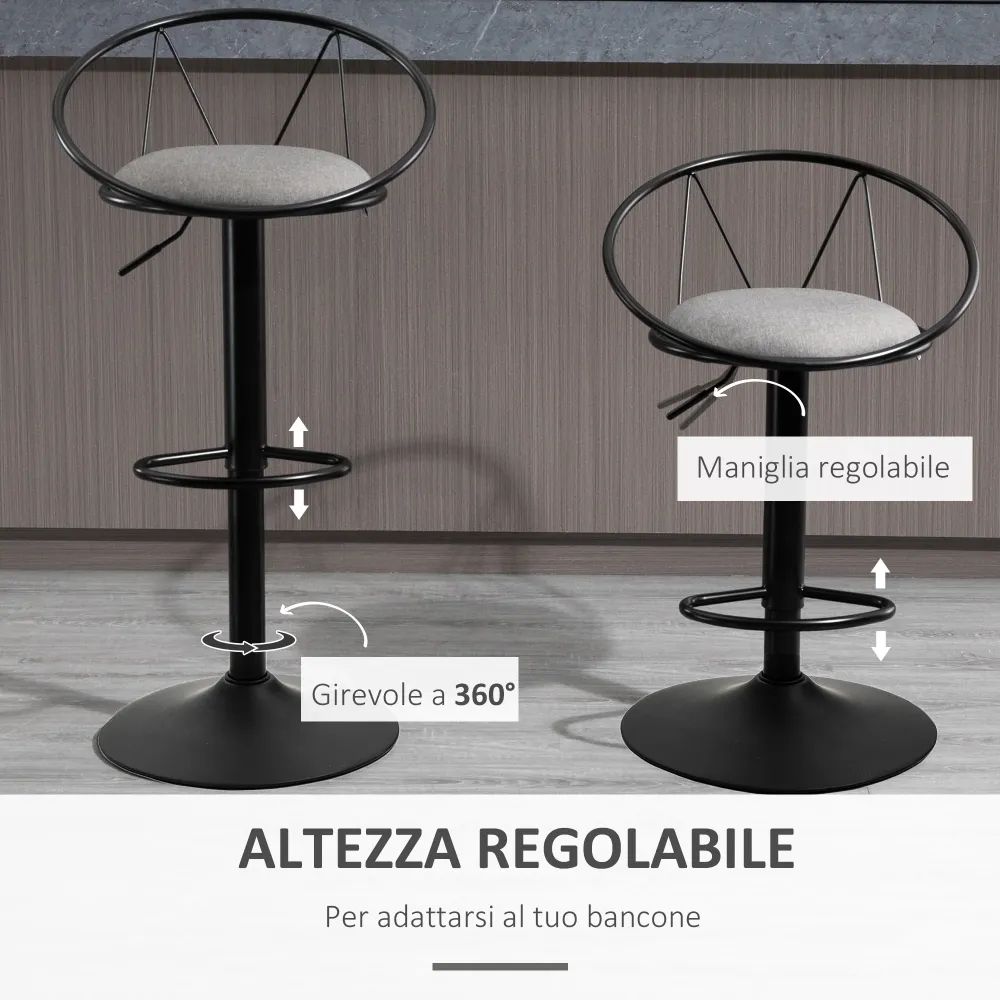 Set 2 Sgabelli Bar con Schienale e Poggiapiedi Altezza Regolabile e Seduta Imbottita Grigio