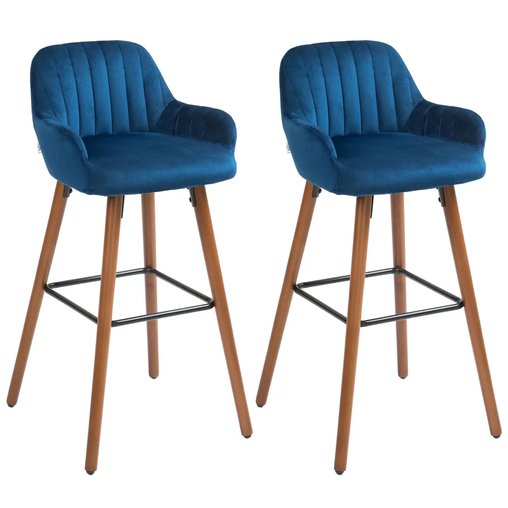 Set 2 Sgabelli da Bar con Schienale Velluto Blu Scuro