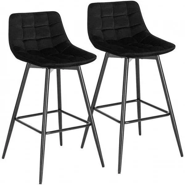 Set di 2 sgabelli da bar di design con poggiapiedi velluto, gambe metallo Elif nero