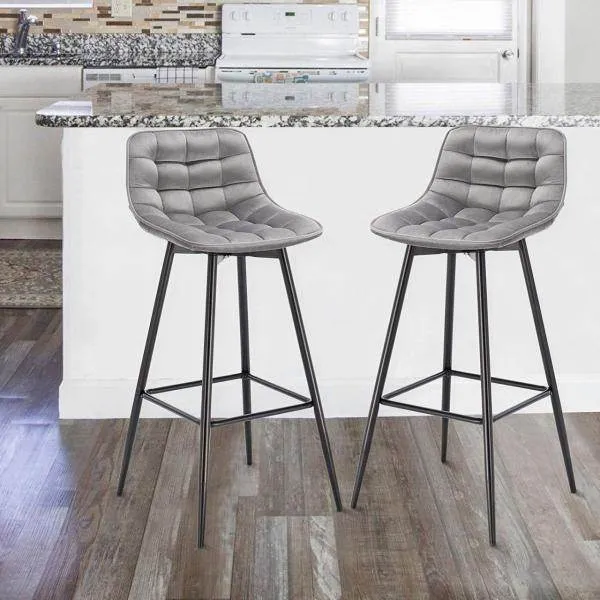 Set di 2 sgabelli da bar di design con poggiapiedi velluto, gambe metallo Elif grigio chiaro