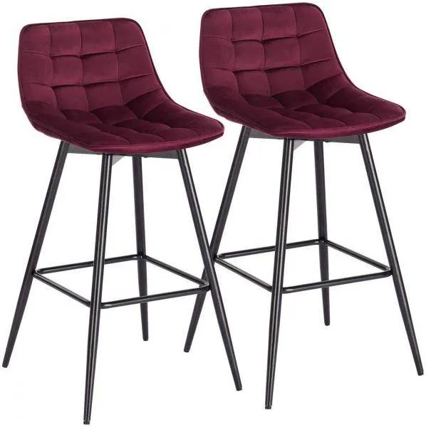 Set di 2 sgabelli da bar di design con poggiapiedi velluto, gambe metallo Elif bordeaux
