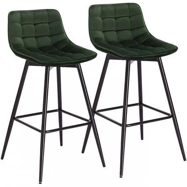 Set di 2 sgabelli da bar di design con poggiapiedi velluto, gambe metallo Elif verde scuro