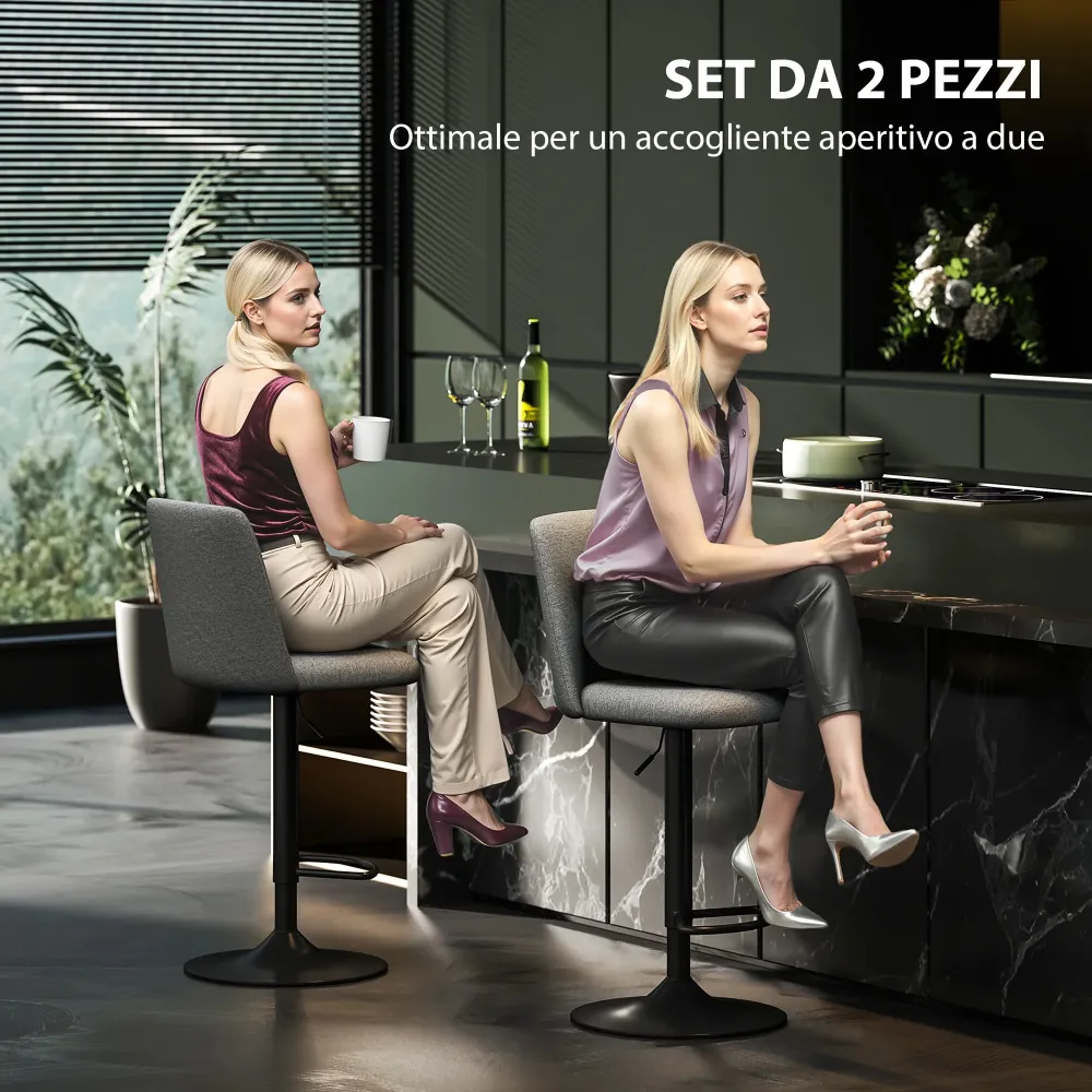 Set 2 Sgabelli da Bar Girevoli 44x53x91-111A cm Tessuto Effetto Lino Grigio Scuro
