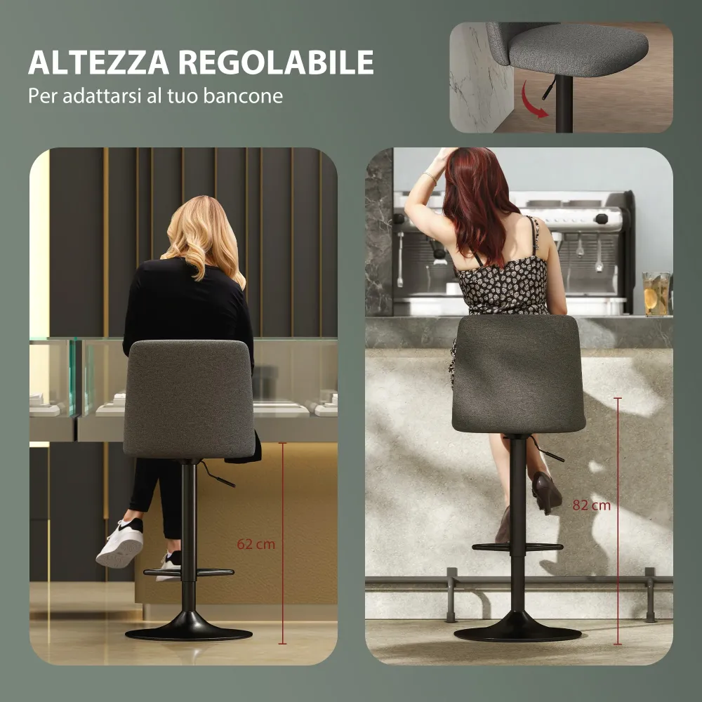 Set 2 Sgabelli da Bar Girevoli 44x53x91-111A cm Tessuto Effetto Lino Grigio Scuro