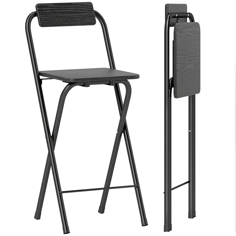 Set 2 Sgabelli da Bar Pieghevoli con Poggiapiedi 37x45x87 cm Legno e Acciaio Nero